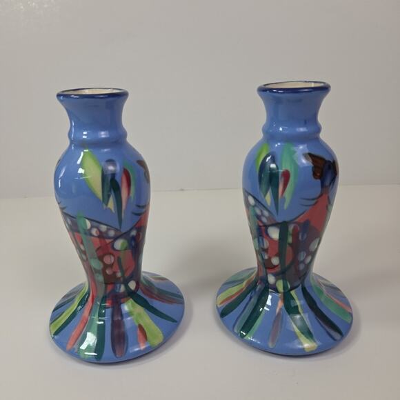 Mexican Hand Painted Candle Sticks 6 Inch Blue Set of 2 Art Pottery Vintage 2001 - Picture 2 of 9